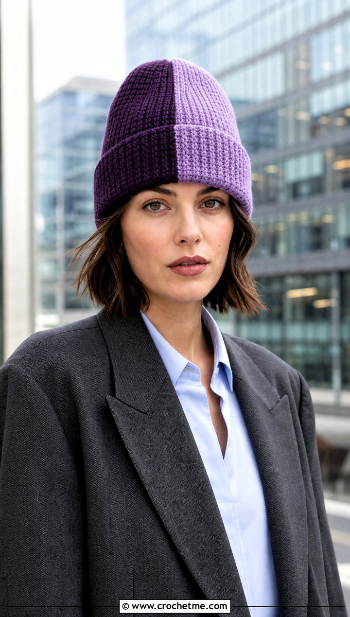 Split Color Watch Cap Crochet Beanie With Blazer And Trousers - 30 2 color crochet beanie hat outfit ideas