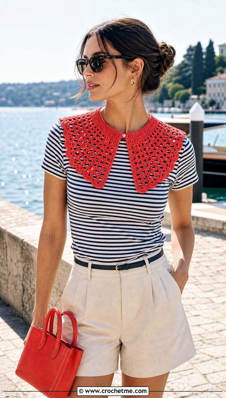 Split Crochet Collar With Striped Top And Shorts - 15 beginner crochet collar outfit ideas