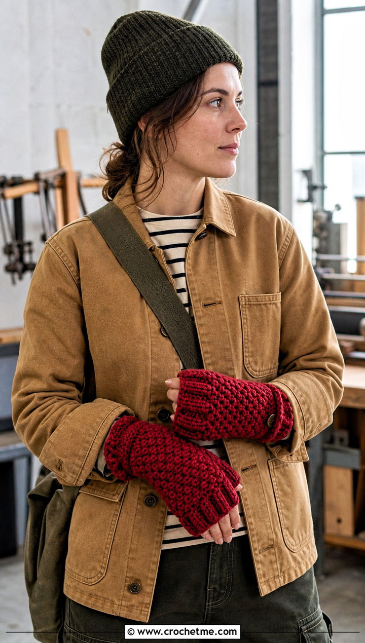 Split Cuff Fingerless Crochet Chunky Mittens With Workwear Jacket - 30 crochet chunky mittens outfit ideas