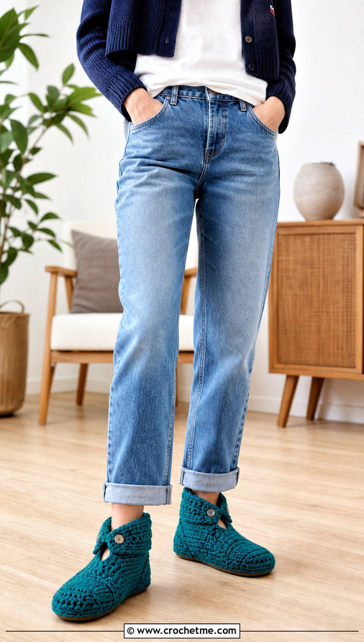 Split Cuff Folded Crochet Slippers With Jeans And Cardigan - 25 Folded Crochet Slippers outfit ideas