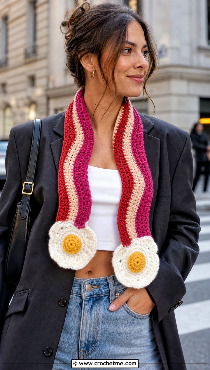 Split End Bacon And Eggs Scarf With Blazer And Jeans - 20 Crochet Bacon And Eggs Scarf outfit ideas