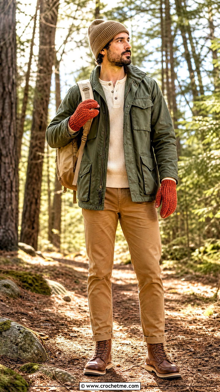 Split Finger Crochet Mittens With Field Jacket - 35 crochet gloves for men outfit ideas