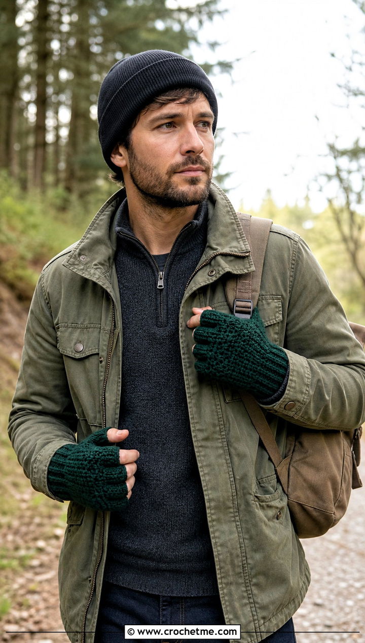 Split Finger Crochet Mittens With Utility Jacket - 25 Mens Crochet Mittens outfit ideas