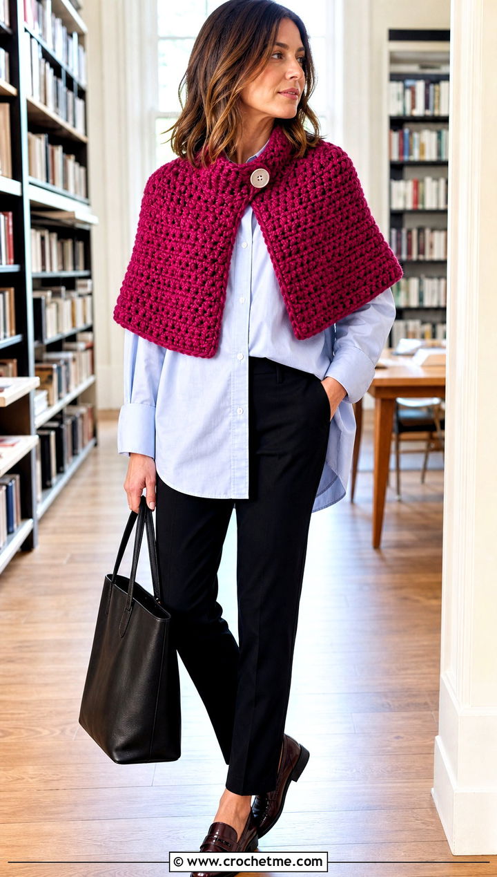 Split Front Chunky Yarn Crochet Cowl With Button Down Shirt - 25 Chunky Yarn Crochet Cowl outfit ideas