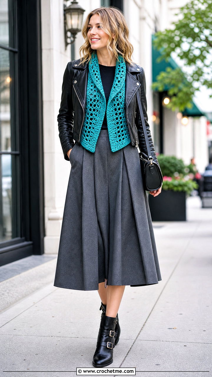 Split Front Crochet Cowl With Moto Jacket - 35 crochet cowls outfit ideas