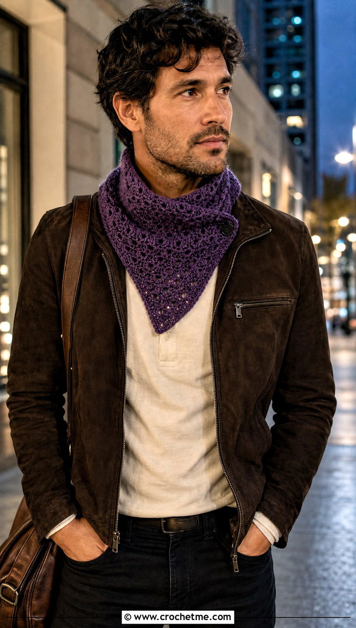Split Front Crochet Cowl With Suede Jacket - 25 Men Crochet Cowl outfit ideas