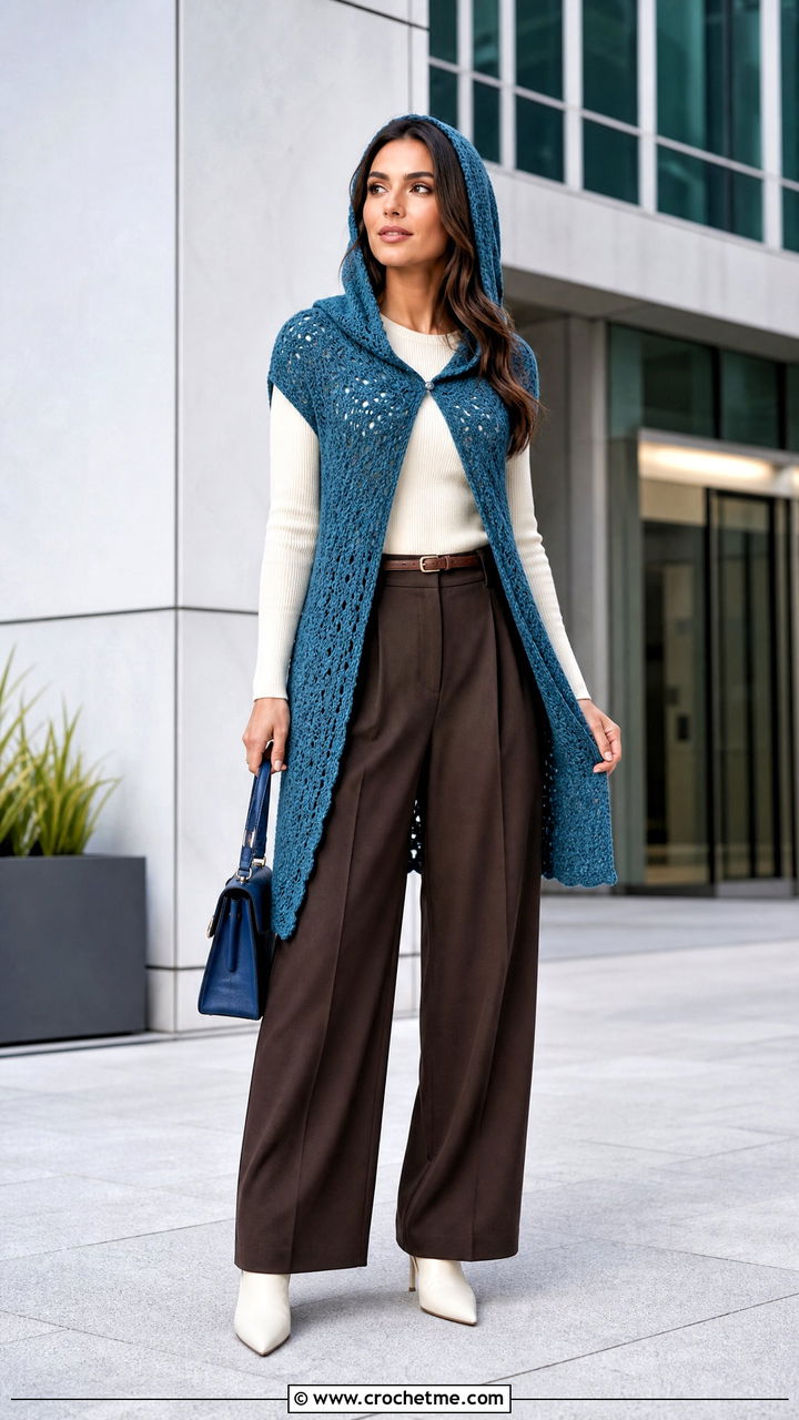 Split Front Crochet Hooded Cowl With Wide Leg Trousers - 35 crochet hooded cowl outfit ideas