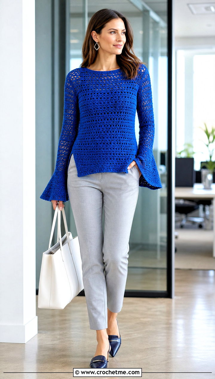 Split Hem Bell Sleeve Crochet Sweater With Cigarette Pants - 25 crochet sweater bell sleeves outfit ideas