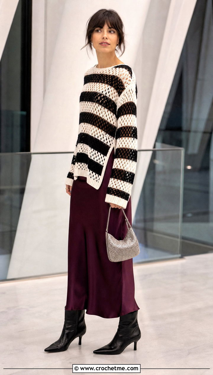 Split Hem Black And White Striped Crochet Sweater With Bias Cut Skirt - 25 black and white striped crochet sweater outfit ideas