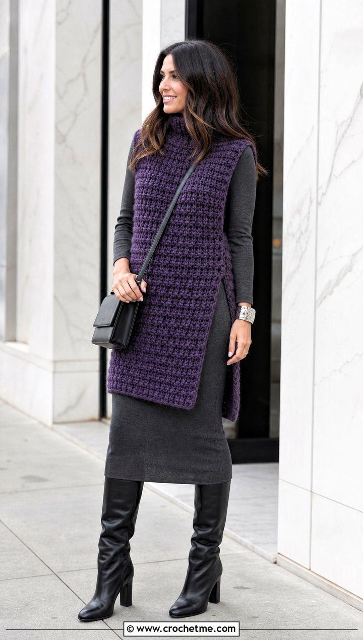 Split Hem Chunky Crochet Vest Over Knit Dress - 30 crochet chunky vest outfit ideas
