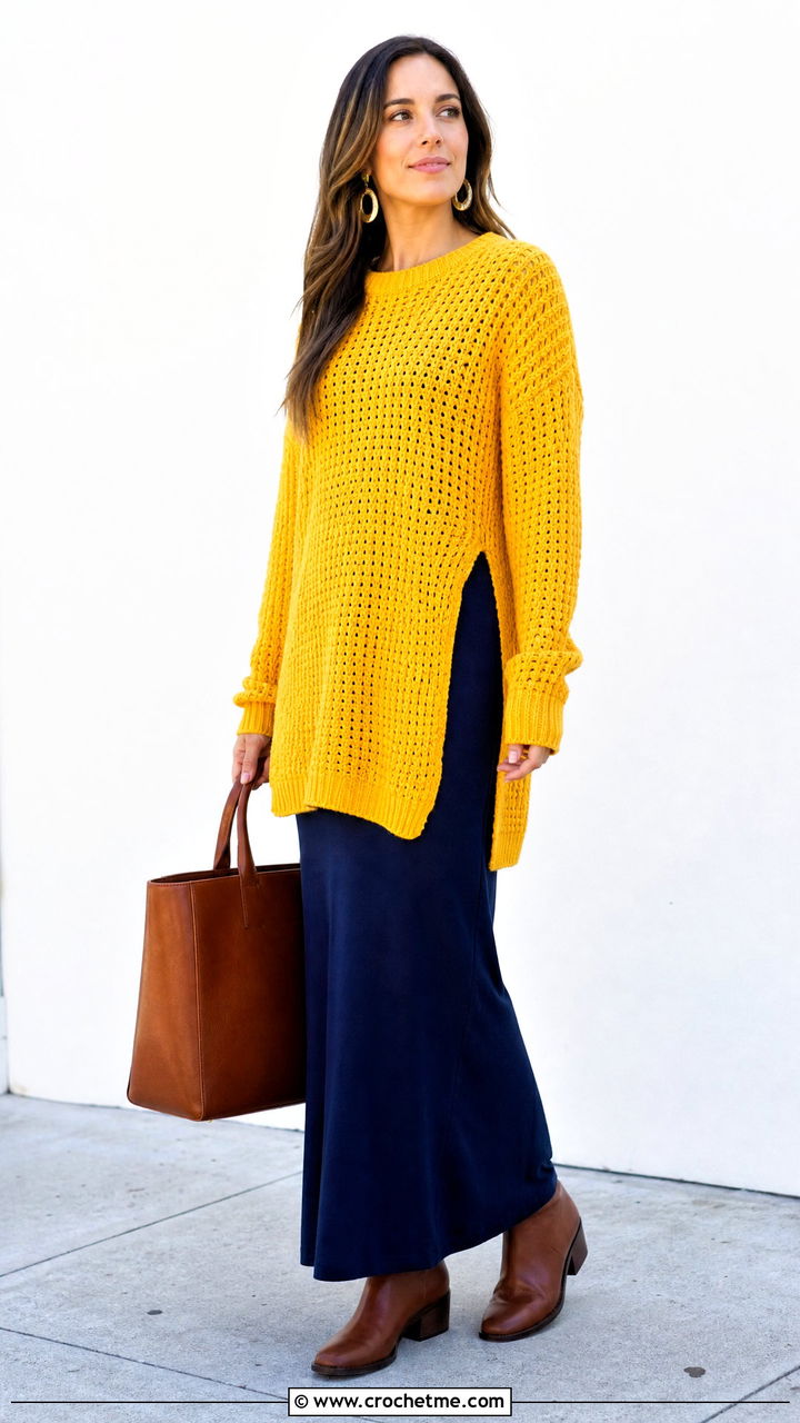 Split Hem Crochet Chunky Sweater With Maxi Dress - 35 crochet chunky sweater outfit ideas
