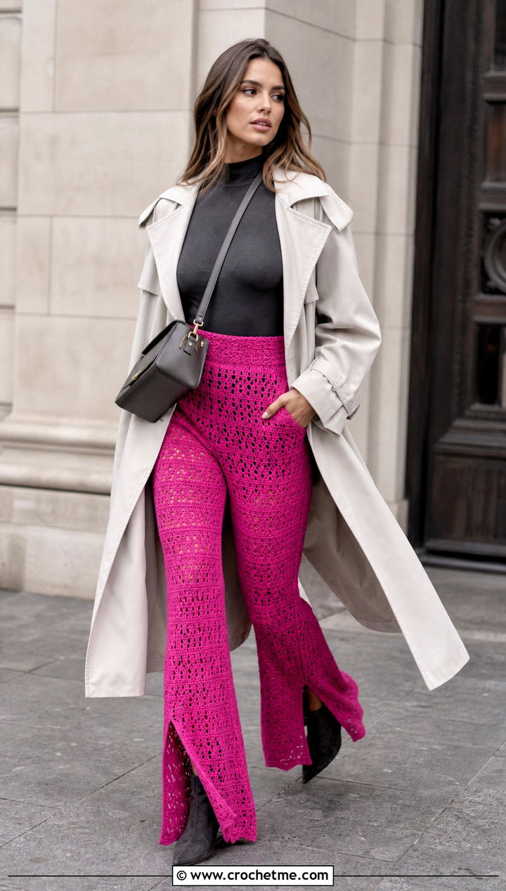 Split Hem Crochet Flare Pants With Trench Coat - 25 crochet flair pants outfit ideas