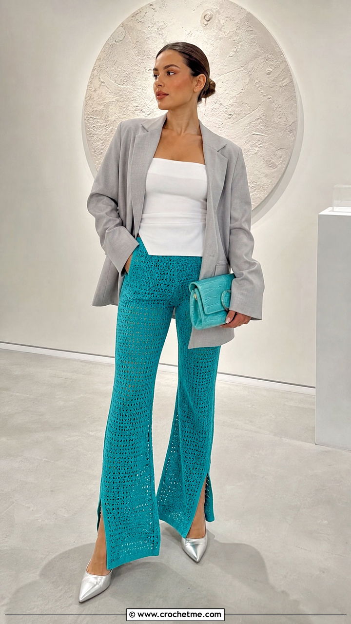 Split Hem Crochet Flare Pants With Tube Top And Blazer - 35 crochet flare pants outfit ideas