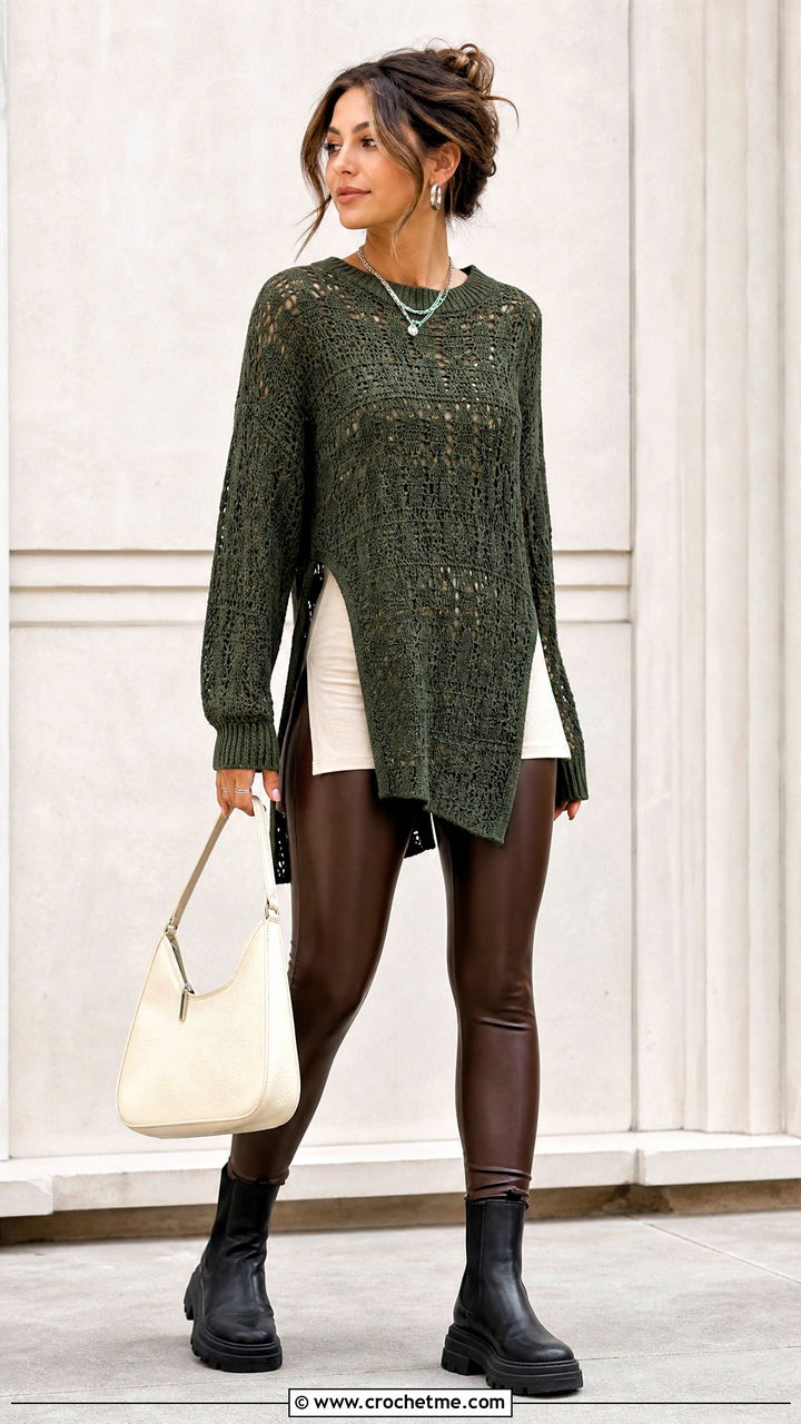 Split Hem Crochet Lace Sweater With Faux Leather Leggings - 35 crochet lace sweater outfit ideas