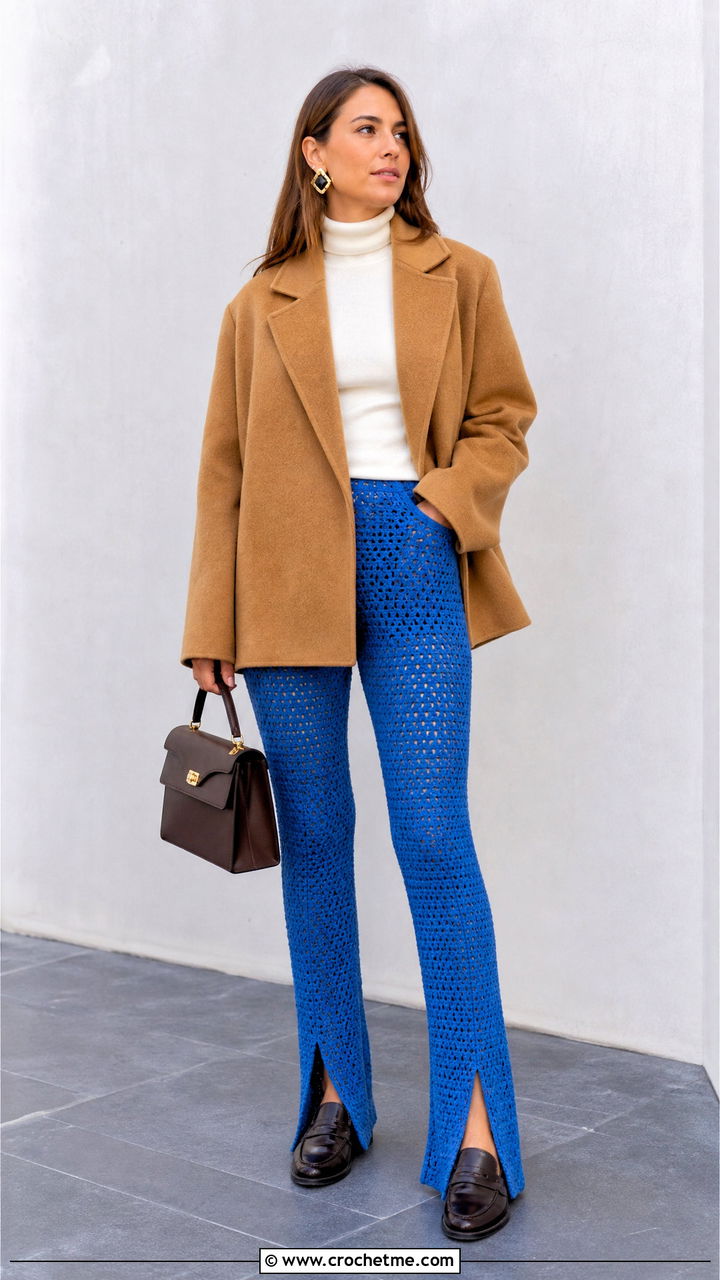 Split Hem Crochet Leggings With Turtleneck And Loafers - 35 crochet leggings outfit ideas