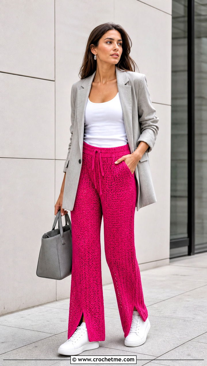 Split Hem Crochet Lounge Pants With A Blazer And Sneakers - 30 crochet lounge pants outfit ideas