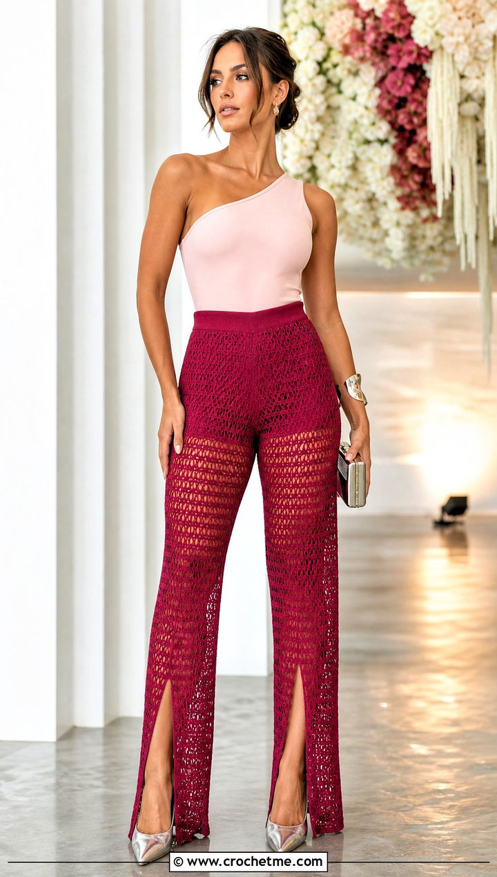 Split Hem Crochet Mesh Pants With Pointed Heels - 35 crochet mesh pants outfit ideas
