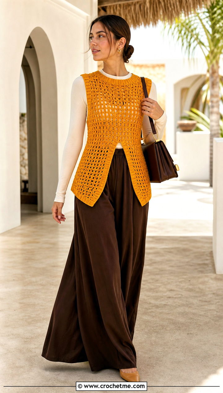 Split Hem Crochet Sweater Vest With Palazzo Pants - 25 easy crochet sweater vest outfit ideas