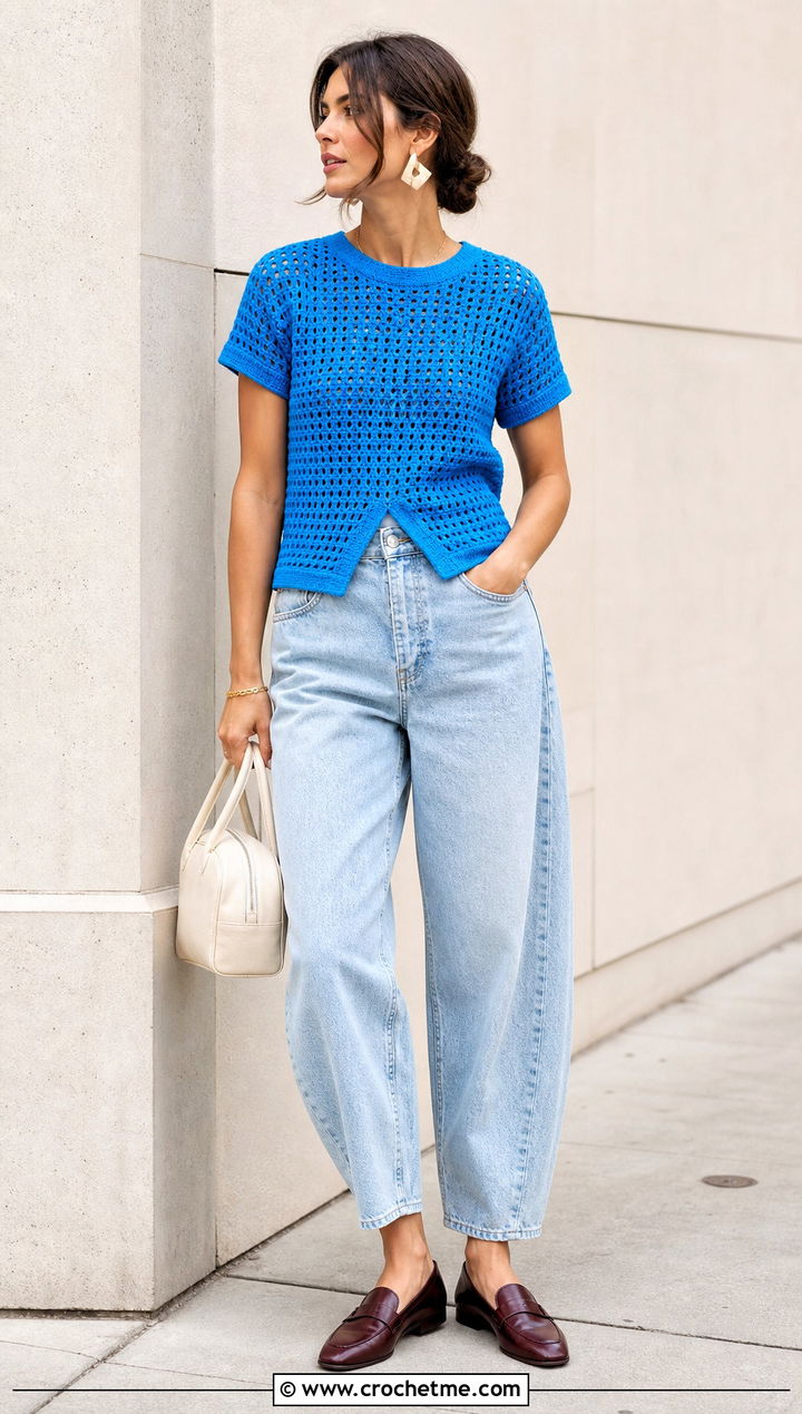 Split Hem Crochet T Shirt With Barrel Jeans - 35 crochet t shirt outfit ideas
