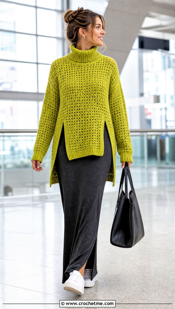 Split Hem Crochet Turtleneck Sweater With Jersey Maxi Skirt - 30 crochet turtleneck sweater outfit ideas