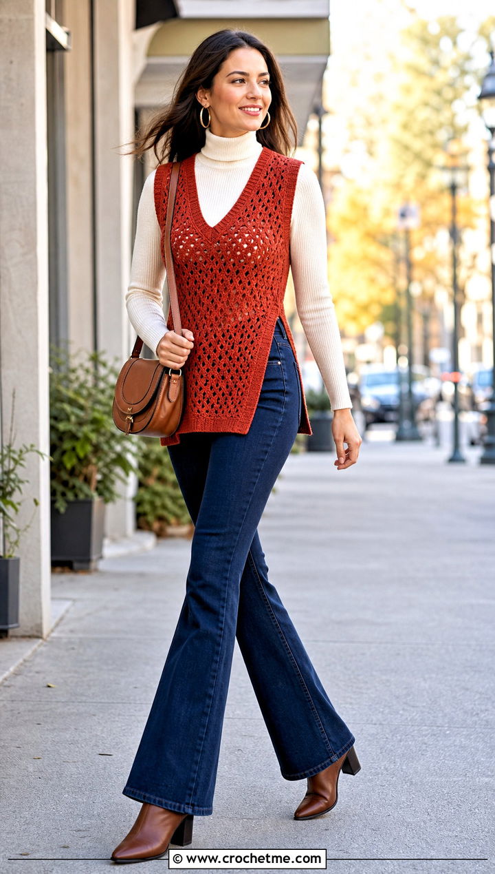 Split Hem Crochet V Neck Sweater Vest With Flared Jeans - 25 crochet v neck sweater vest outfit ideas