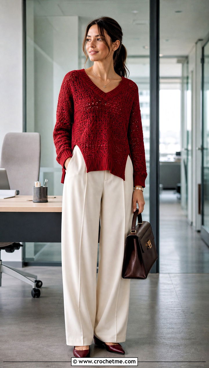 Split Hem Crochet V Neck Sweater With Pleated Trousers - 15 Crochet V Neck Sweater outfit ideas