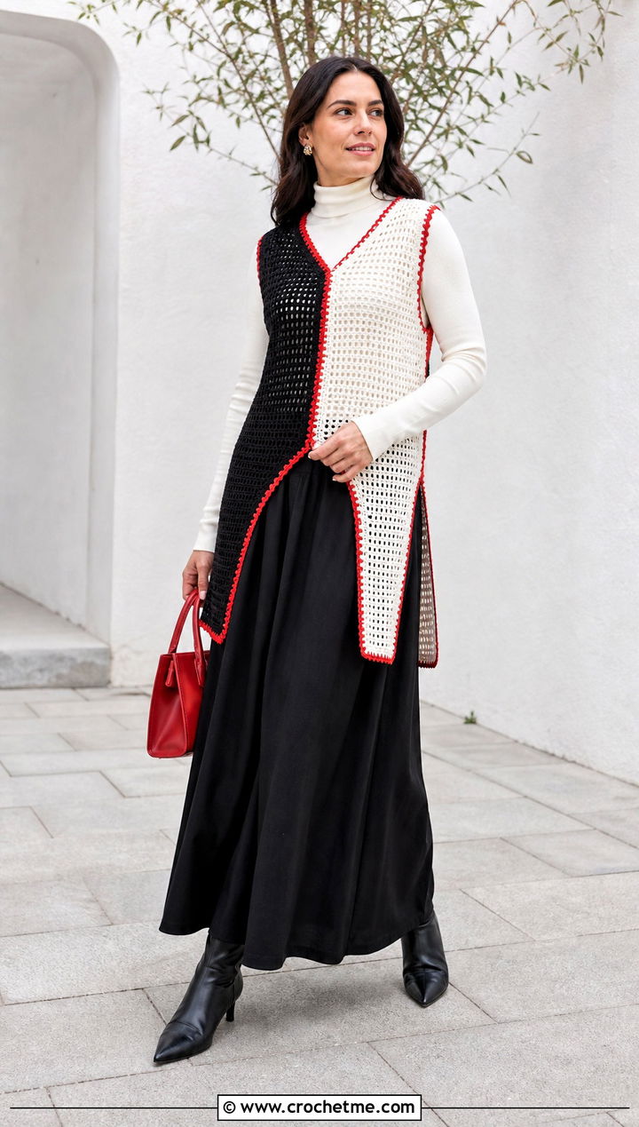 Split Hem Crochet Vest With Maxi Skirt - 30 black and white crochet vest outfit ideas