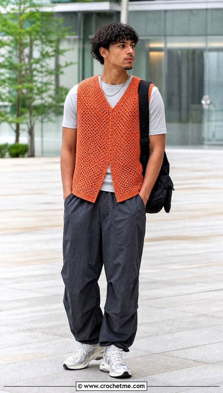 Split Hem Crochet Vest With Parachute Pants - 30 men's crochet vest outfit ideas