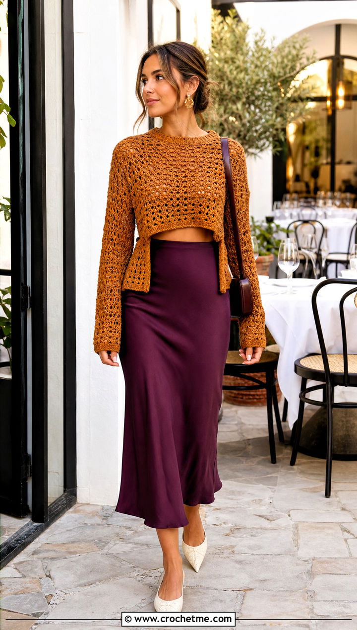 Split Hem Cropped Crochet Sweater With Bias Midi Skirt - 35 cropped crochet sweater outfit ideas