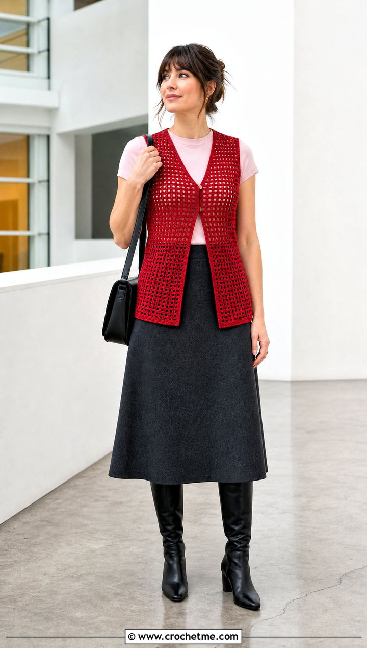 Split Hem Filet Crochet Vest With A Line Midi Skirt - 35 filet crochet vest outfit ideas