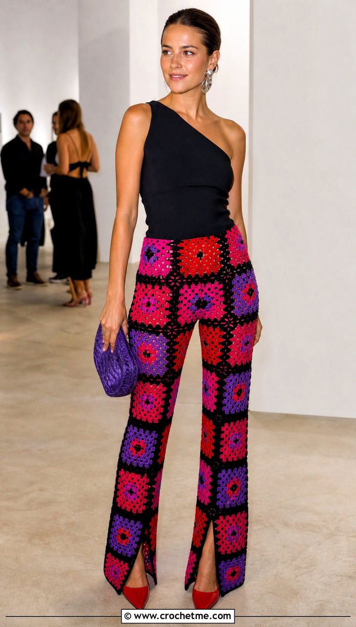 Split Hem Granny Square Crochet Pants With Pointed Heels - 25 Granny Square Crochet Pants outfit ideas