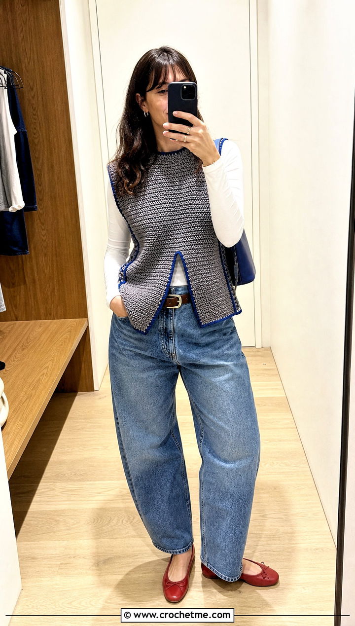 Split Hem Gray Crochet Sweater Vest With Barrel Jeans - 15 Gray Crochet Sweater Vest outfit ideas