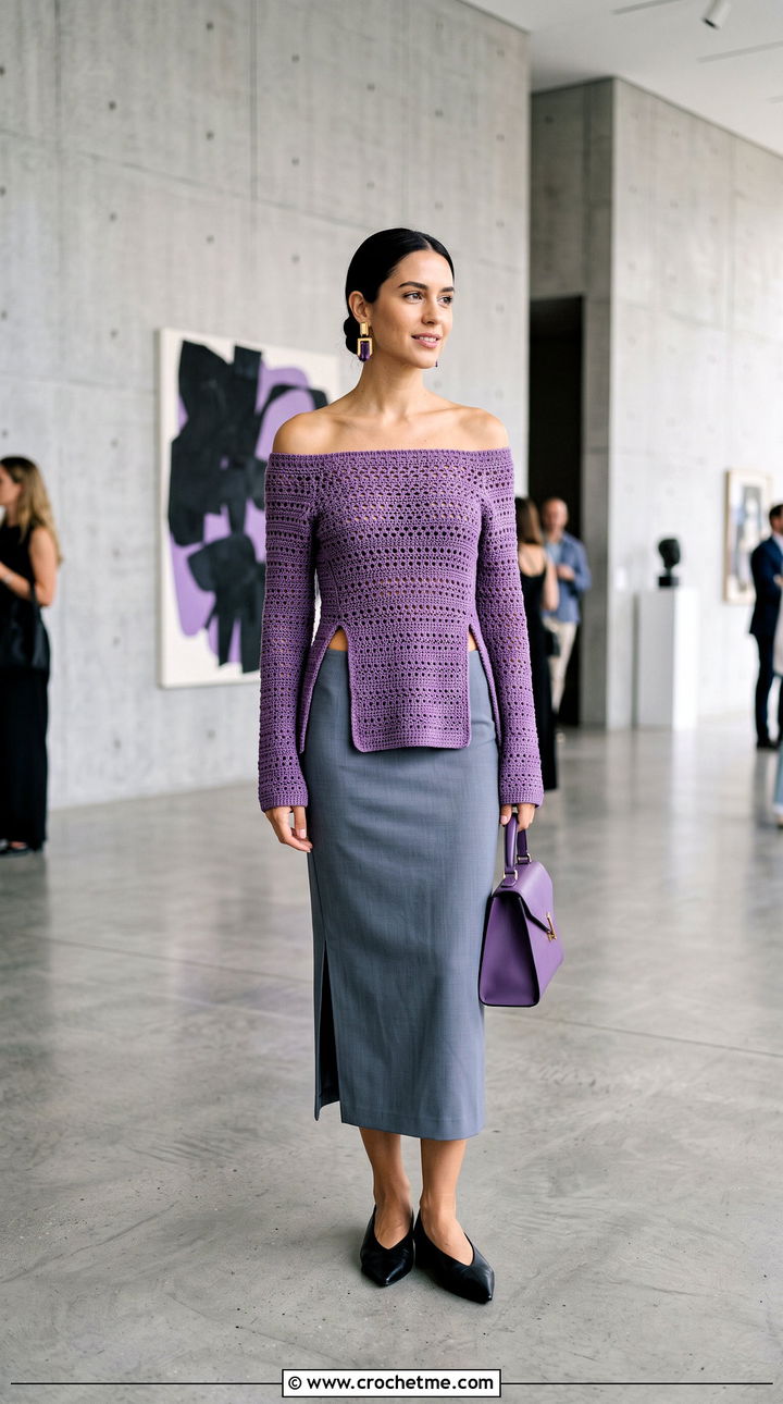 Split Hem Off Shoulder Crochet Sweater With Column Skirt - 35 off shoulder crochet sweater outfit ideas