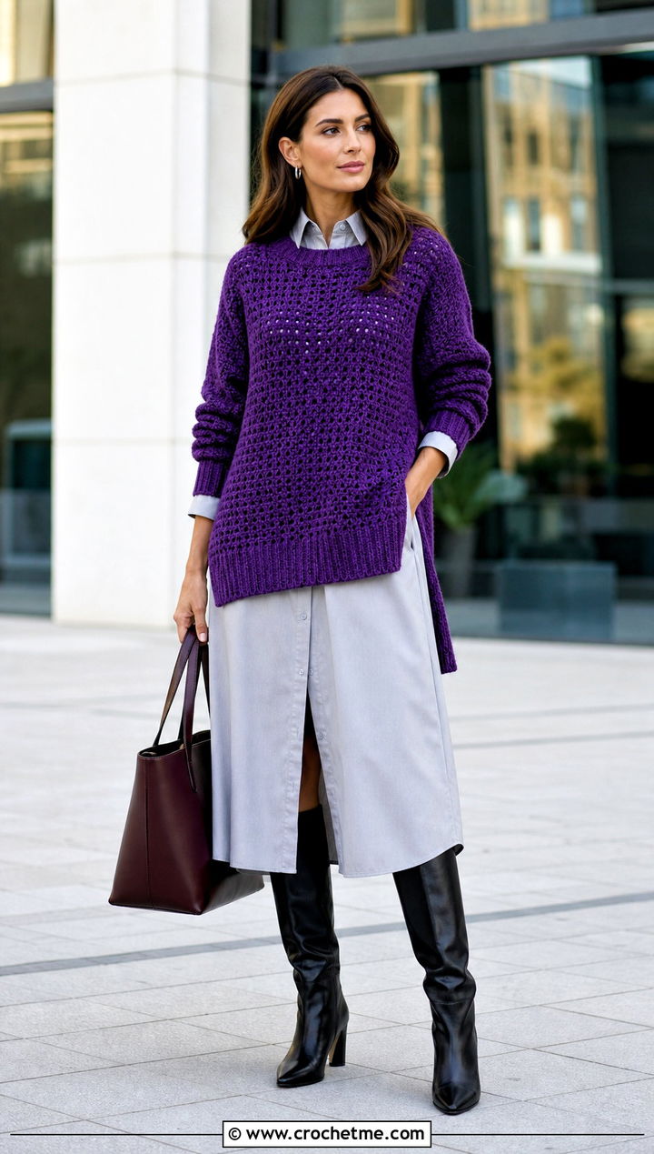 Split Hem Slouchy Crochet Sweater With Shirt Dress - 25 slouchy crochet sweater outfit ideas