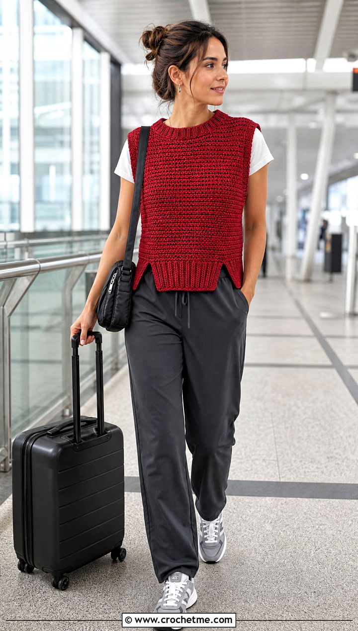Split Hem Tunisian Crochet Sweater Vest With Track Pants - 25 tunisian crochet sweater vest outfit ideas