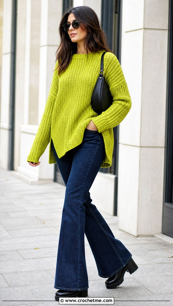 Split Hem Tunisian Sweater With Flared Jeans - 35 tunisian crochet sweater outfit ideas