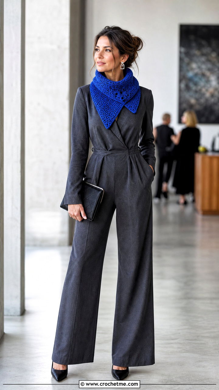 Split Neck Crochet Cowl Scarf With Tailored Jumpsuit - 35 crochet cowell scarf outfit ideas