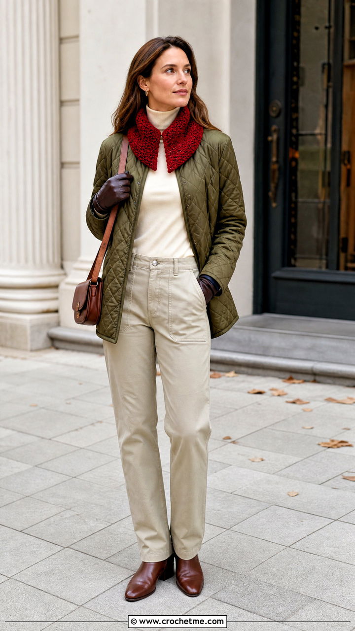 Split Neck Crochet Cowl With Quilted Jacket - 35 crochet cowl outfit ideas