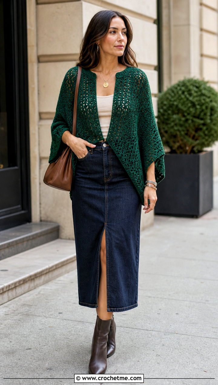 Split Neck Crochet Poncho With Denim Midi Skirt - 20 crochet lightweight poncho outfit ideas