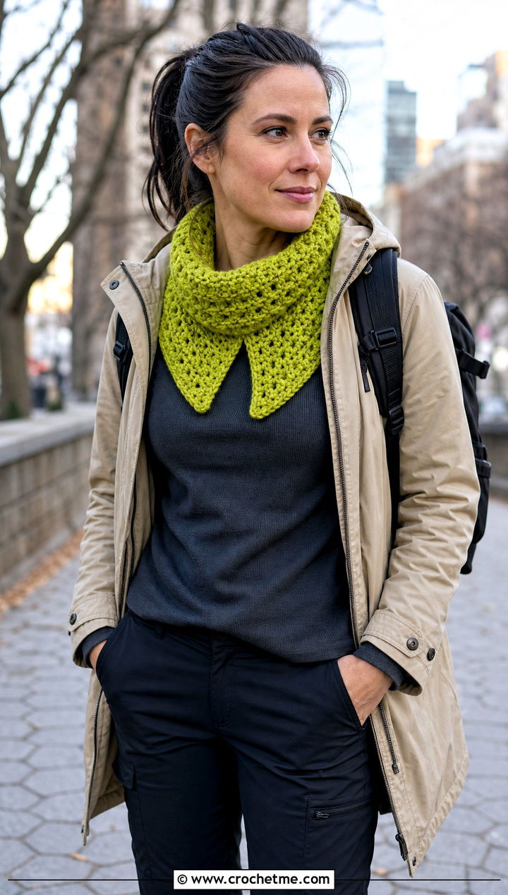 Split Neck Crocheted Cowl With Parka And Straight Pants - 25 Crocheted Cowl outfit ideas
