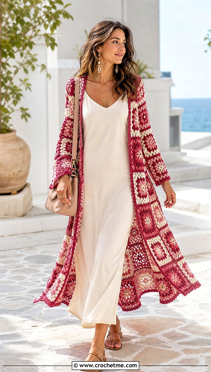 Split Panel Granny Square Duster With Maxi Dress - 35 granny square duster outfit ideas