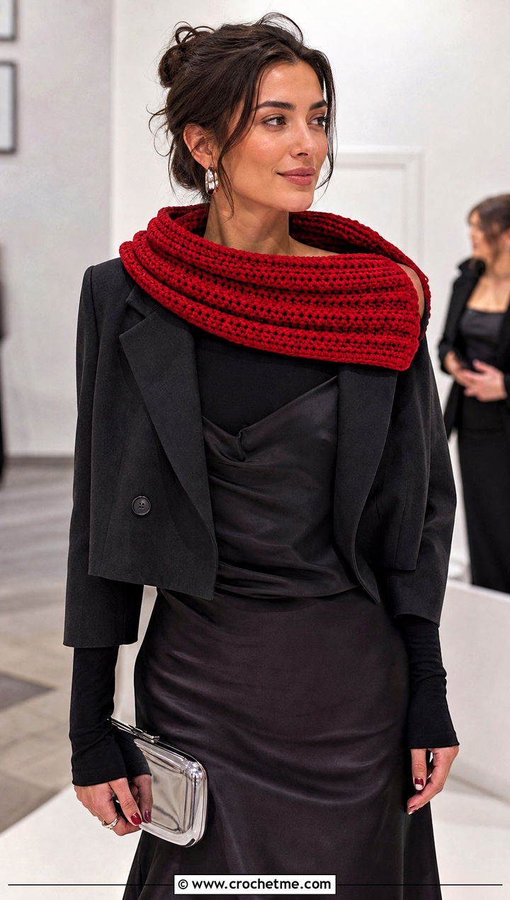 Split Ribbed Cowl With Satin Slip Dress - 20 Crochet Ribbed Cowl outfit ideas