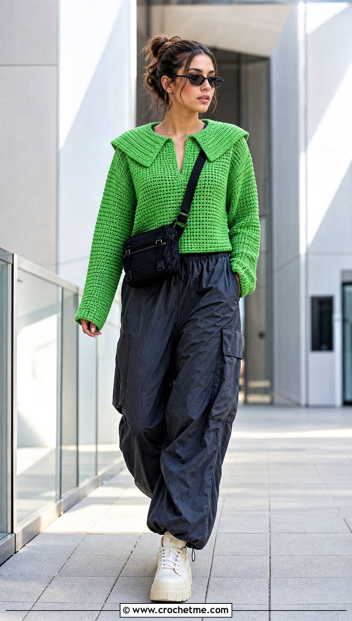 Split Sailor Collar Crochet Sweater With Parachute Pants - 35 crochet sweater with collar outfit ideas