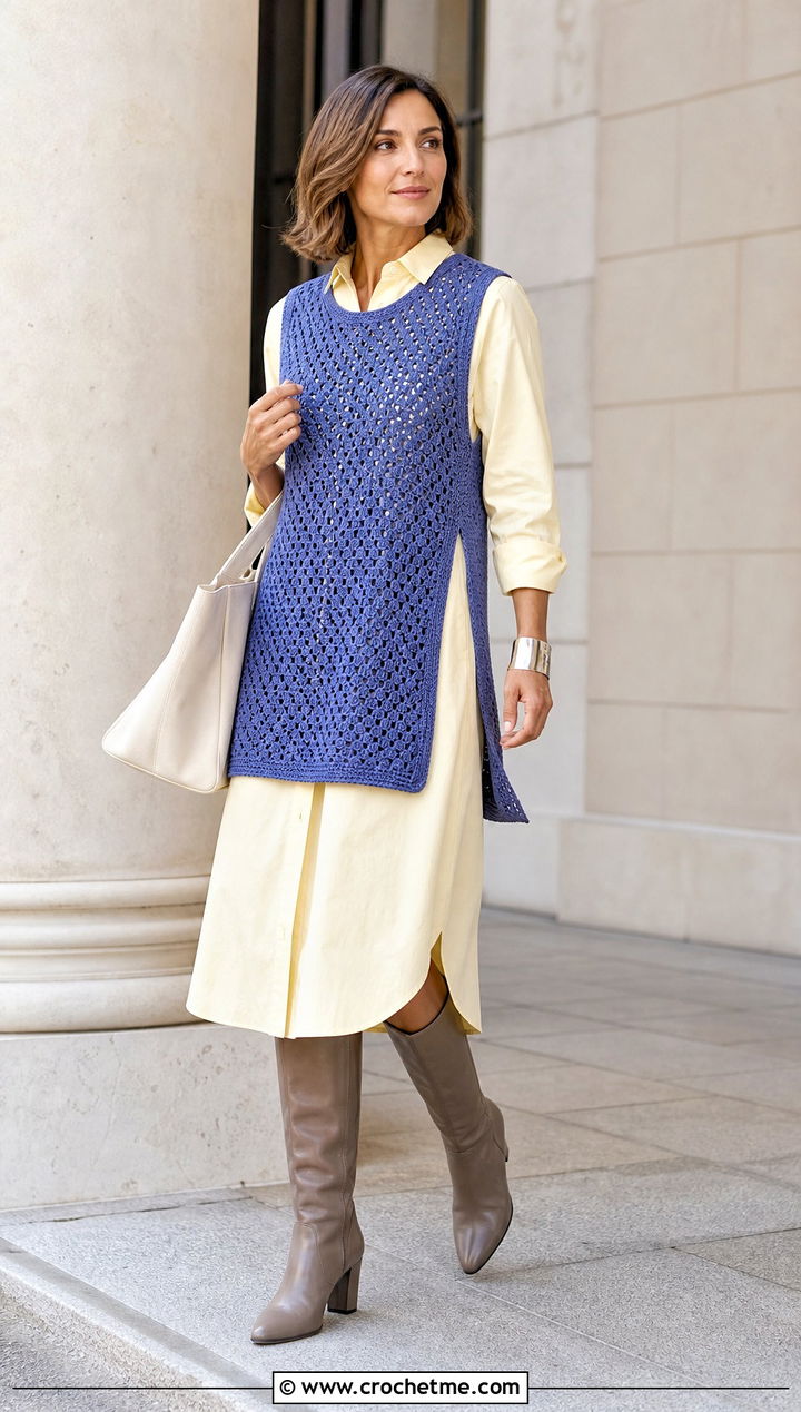 Split Side Crochet Tunic Vest Over A Shirt Dress - 25 beginner crochet vest outfit ideas