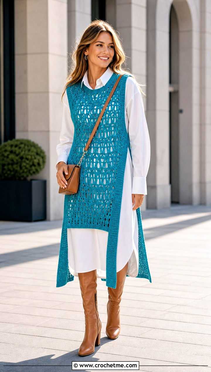 Split Side Crochet Tunic Waistcoat With Shirt Dress - 20 ladies crochet waistcoat outfit ideas