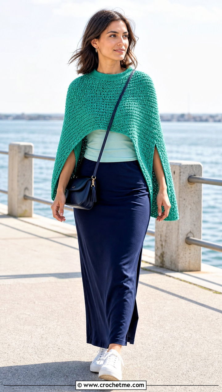 Split Side Tunisian Poncho With A Maxi Skirt - 30 tunisian crochet poncho outfit ideas