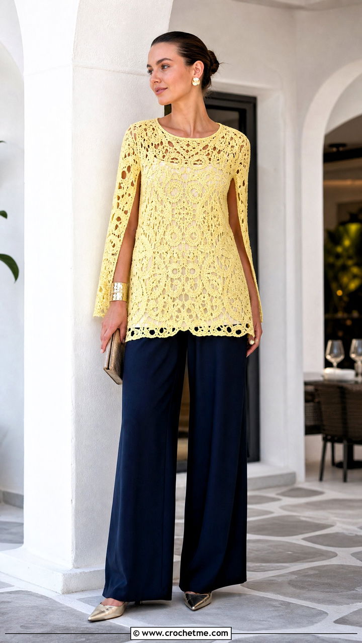 Split Sleeve Crochet Tunic Top With Wide Leg Pants - 35 crochet top with sleeves outfit ideas