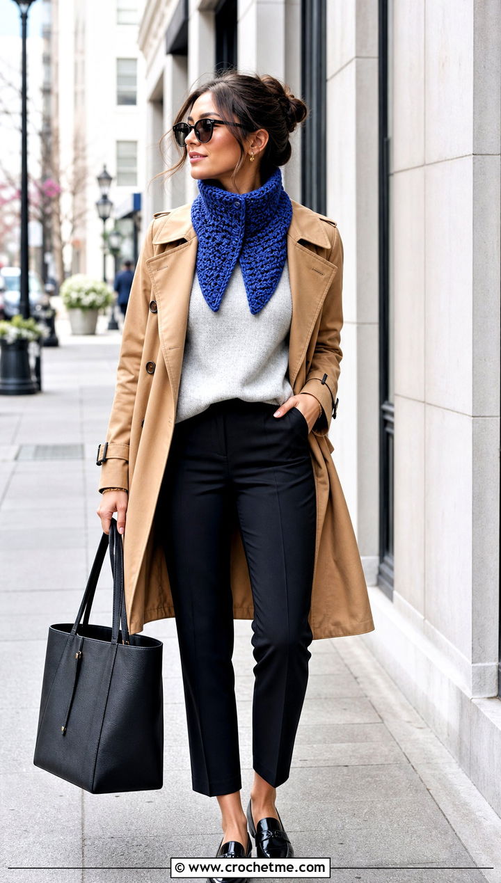 Split Turtleneck Crochet Cowl With Trench Coat - 25 Crochet Turtleneck Cowl outfit ideas