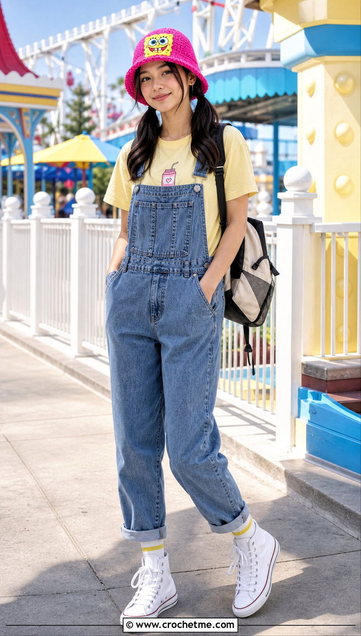 SpongeBob Applique Crochet Cap With Overalls And Graphic T Shirt - 35 crochet spongebob hat outfit ideas