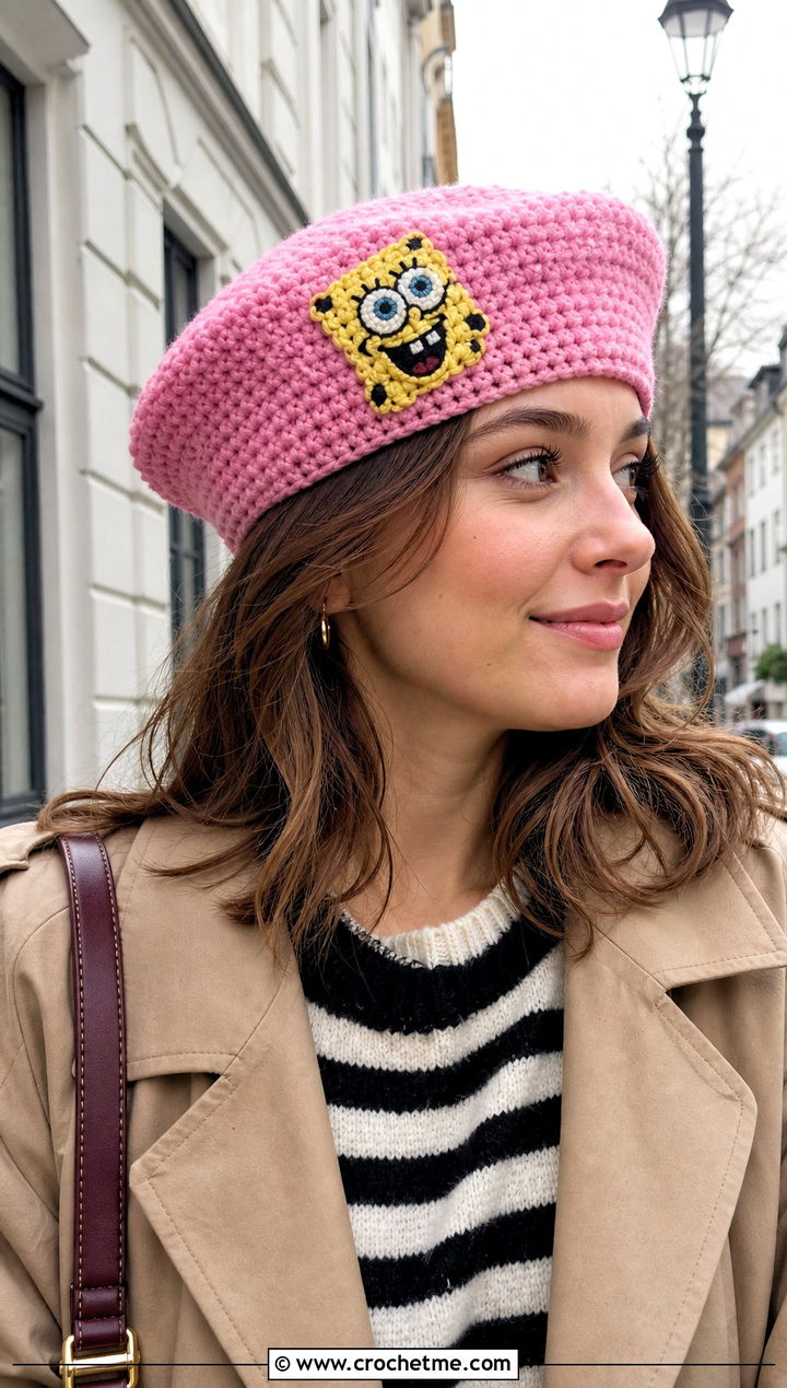 SpongeBob Crochet Beret With Trench Coat - 15 spongebob crochet hat outfit ideas